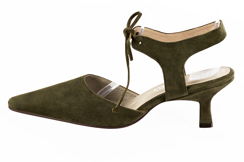 Khaki green women's open back shoes, with an instep strap. Tapered toe. Medium spool heels. Profile view - Florence KOOIJMAN